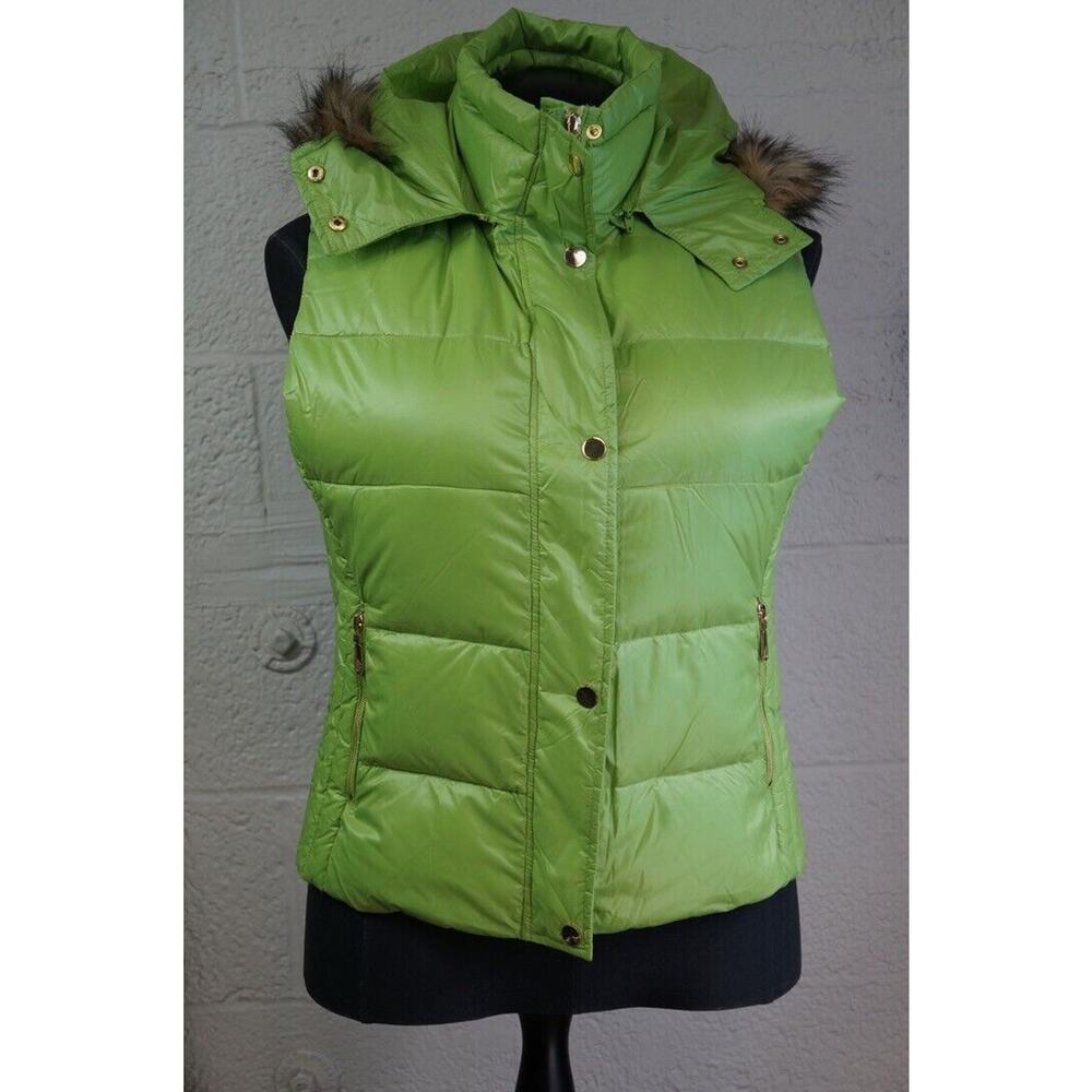 TAMSY Green Polyester Sleeveless Puffer Vest with Faux Fur Hood-XL